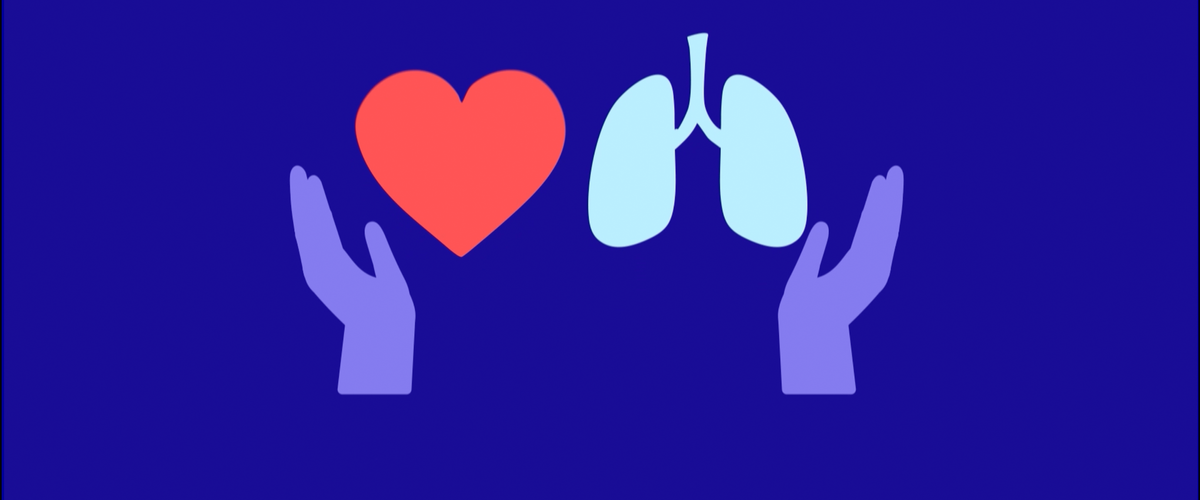Illustration of two stylized hands holding a red heart and blue lungs on a dark blue background